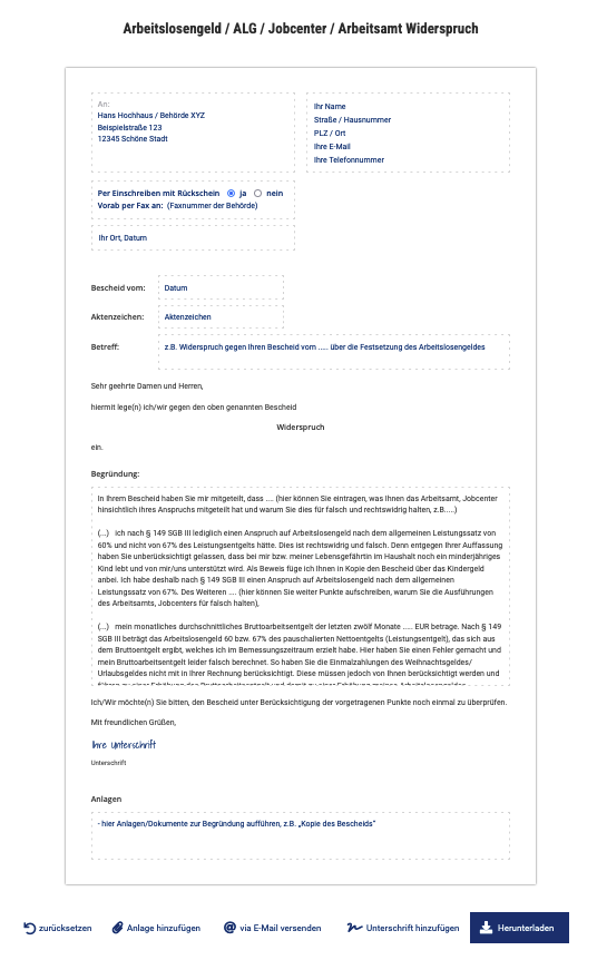 Hartz 4 Widerspruch Mustervorlage kostenlos