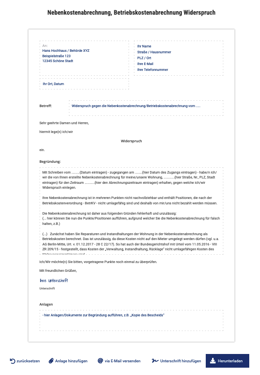 Nebenkostenabrechnung Widerspruch einlegen