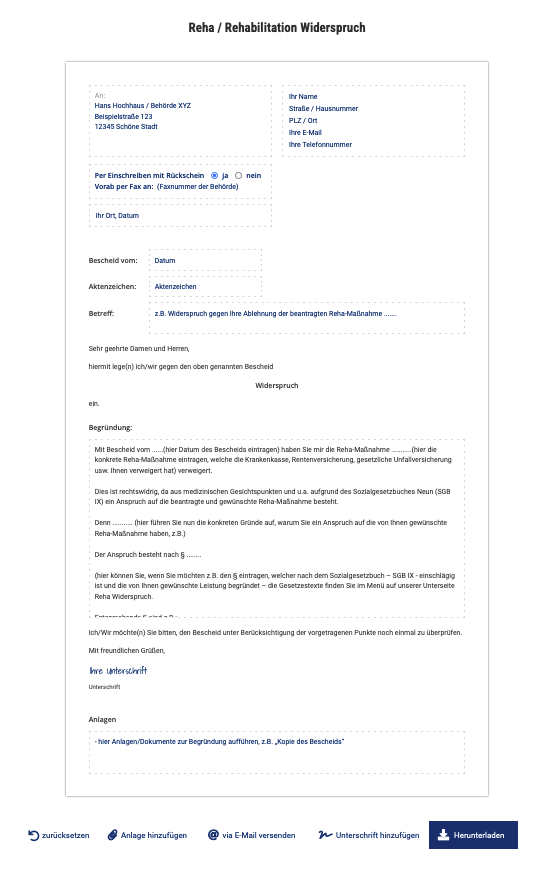 Reha Widerspruch Mustervorlage kostenlos