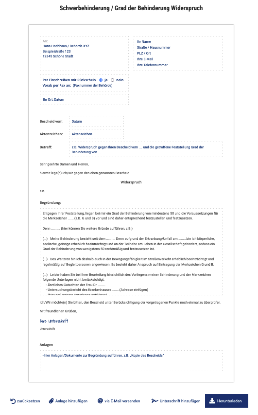 Schwerbehinderung Widerspruch Mustervorlage kostenlos