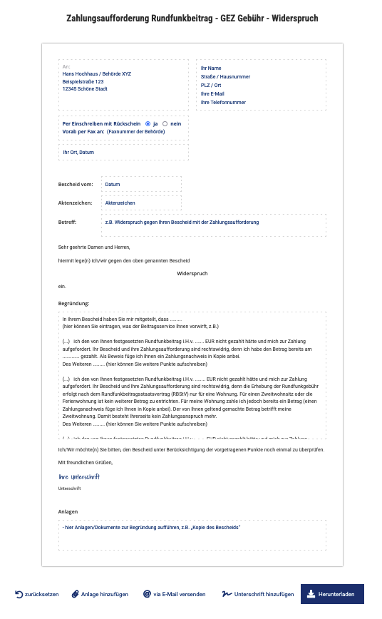 Rundfunkbeitrag Widerspruch Mustervorlage kostenlos